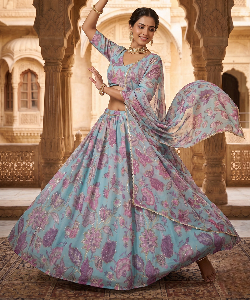 Sky Blue Floral Embroidered Lehenga Choli with Dupatta