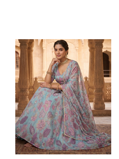 Sky Blue Floral Embroidered Lehenga Choli with Dupatta 3