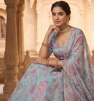 Sky Blue Floral Embroidered Lehenga Choli with Dupatta