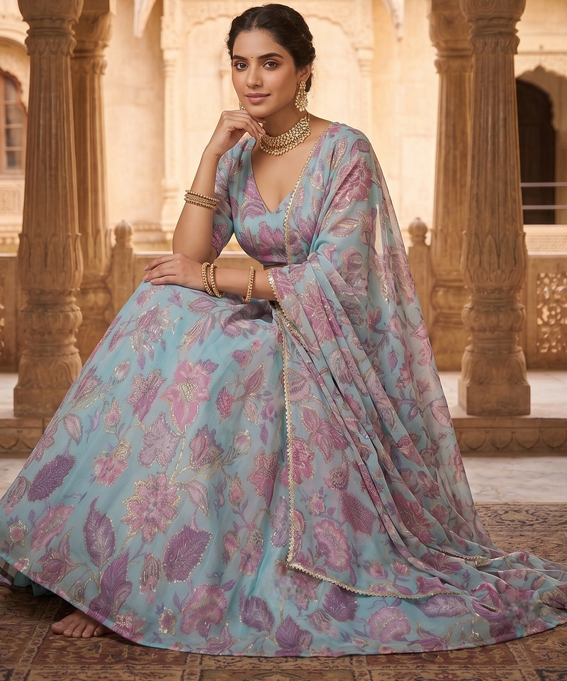 Sky Blue Floral Embroidered Lehenga Choli with Dupatta