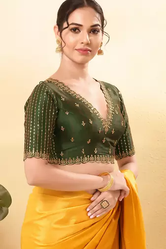 Women's mulbury silk padded back open elbow sleeves saree blouse