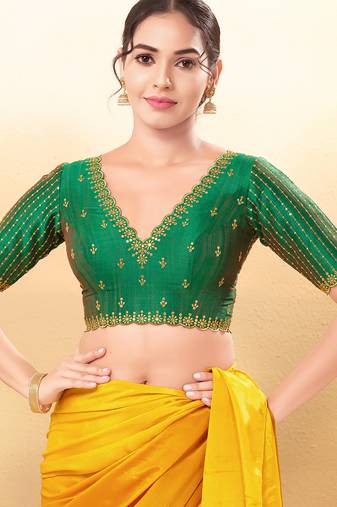 Women's mulbury silk padded back open elbow sleeves saree blouse