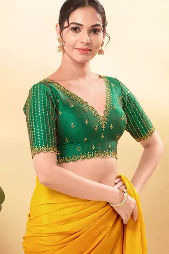 Women's mulbury silk padded back open elbow sleeves saree blouse