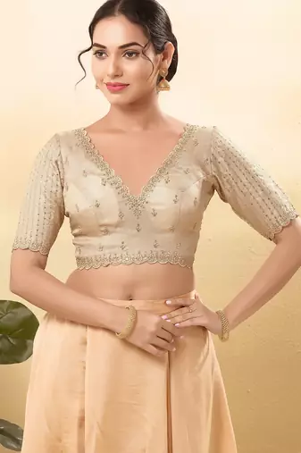 Women's mulbury silk padded back open elbow sleeves saree blouse