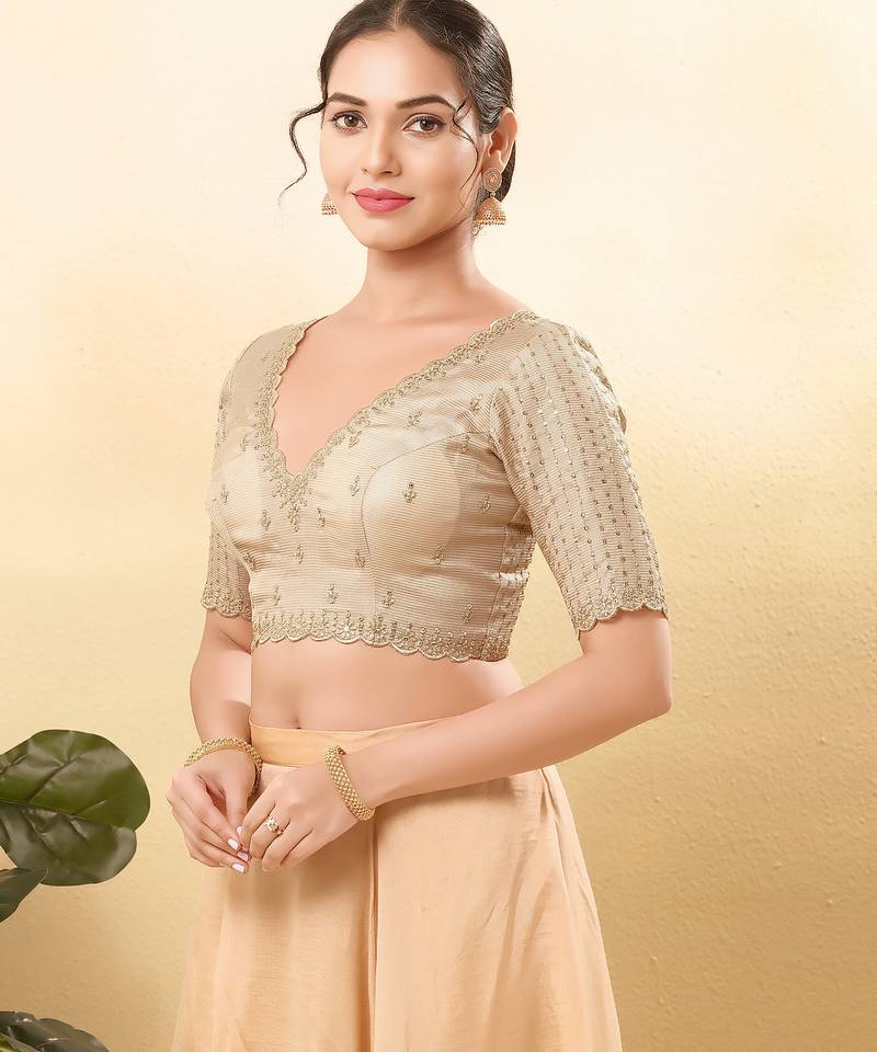 Women's mulbury silk padded back open elbow sleeves saree blouse