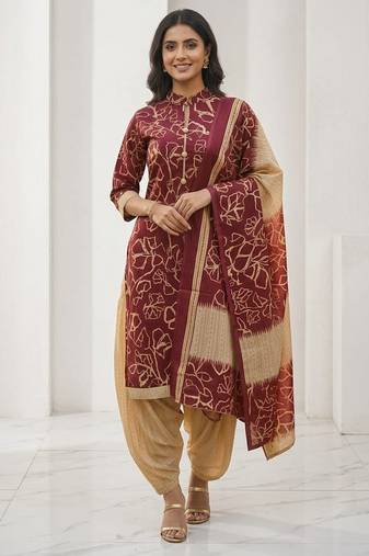 Red printed cotton blend stitched abstract print salwar kurta dupatta for women