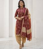 Red printed cotton blend stitched abstract print salwar kurta dupatta for women