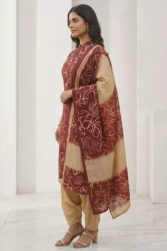 Red printed cotton blend stitched abstract print salwar kurta dupatta for women