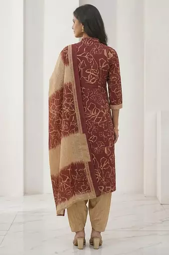 Red printed cotton blend stitched abstract print salwar kurta dupatta for women
