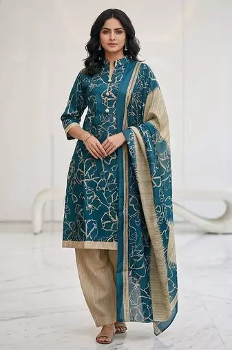 Teal printed cotton blend stitched abstract print salwar kurta dupatta for women
