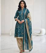 Teal printed cotton blend stitched abstract print salwar kurta dupatta for women