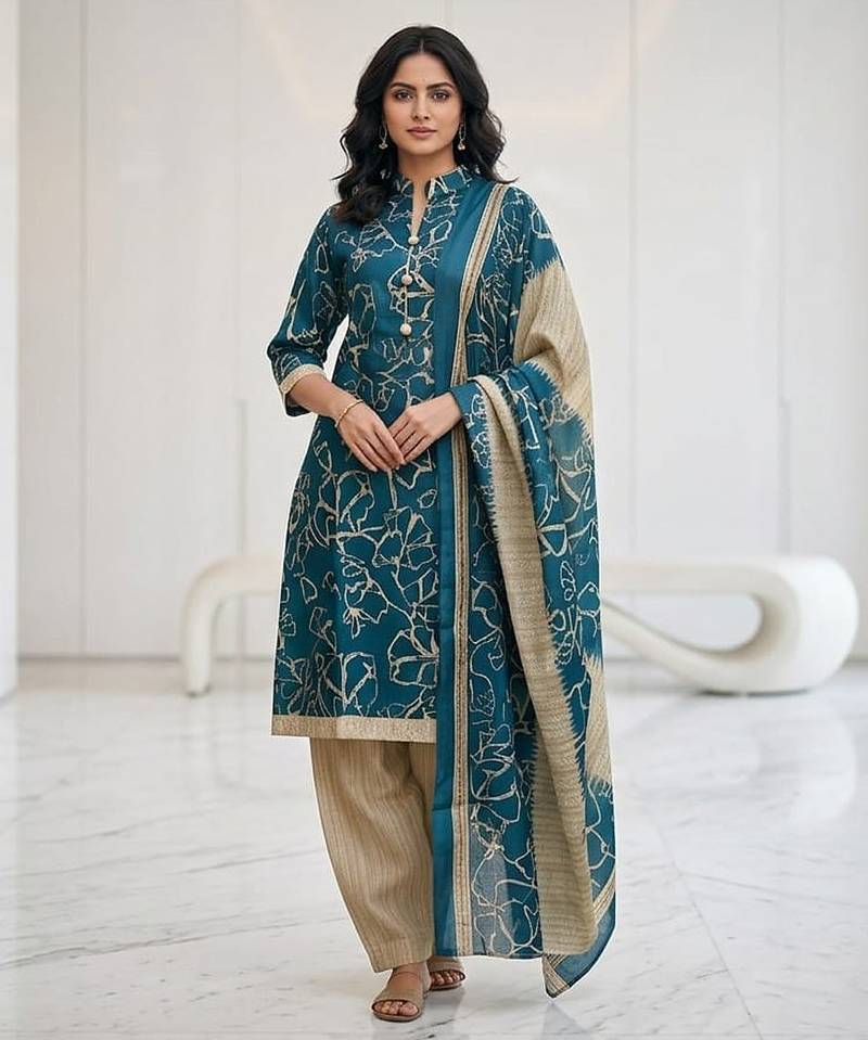 Teal printed cotton blend stitched abstract print salwar kurta dupatta for women