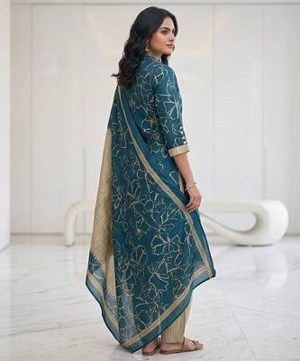 Teal printed cotton blend stitched abstract print salwar kurta dupatta for women 2