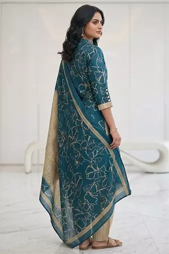 Teal printed cotton blend stitched abstract print salwar kurta dupatta for women