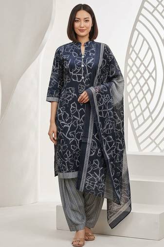 Blue printed cotton blend stitched abstract print salwar kurta dupatta for women