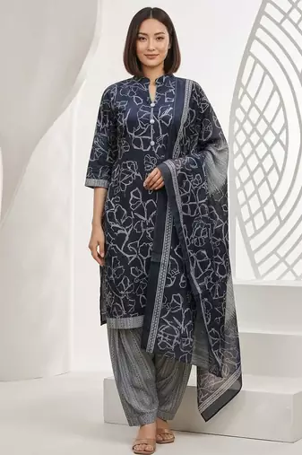 Blue printed cotton blend stitched abstract print salwar kurta dupatta for women