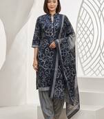 Blue printed cotton blend stitched abstract print salwar kurta dupatta for women