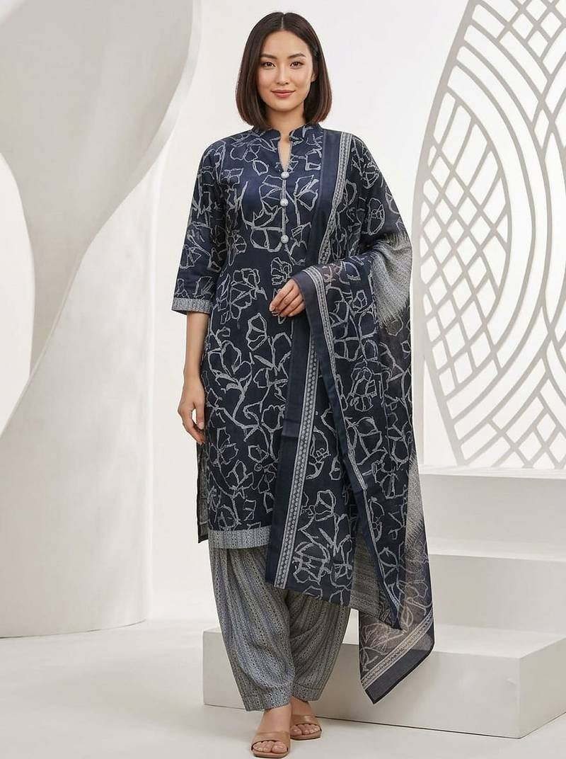 Blue printed cotton blend stitched abstract print salwar kurta dupatta for women
