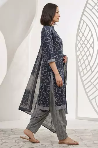 Blue printed cotton blend stitched abstract print salwar kurta dupatta for women
