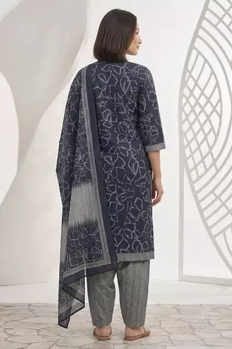 Blue printed cotton blend stitched abstract print salwar kurta dupatta for women