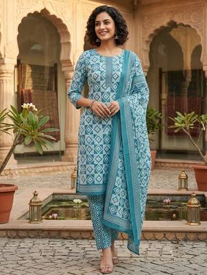 Blue printed cotton blend stitched geometric print salwar kurta dupatta for women 1