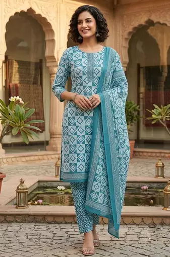 Blue printed cotton blend stitched geometric print salwar kurta dupatta for women