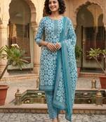 Blue printed cotton blend stitched geometric print salwar kurta dupatta for women