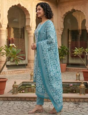 Blue printed cotton blend stitched geometric print salwar kurta dupatta for women 2