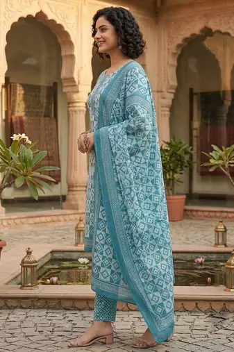 Blue printed cotton blend stitched geometric print salwar kurta dupatta for women