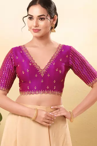 Women's mulbury silk padded back open elbow sleeves saree blouse