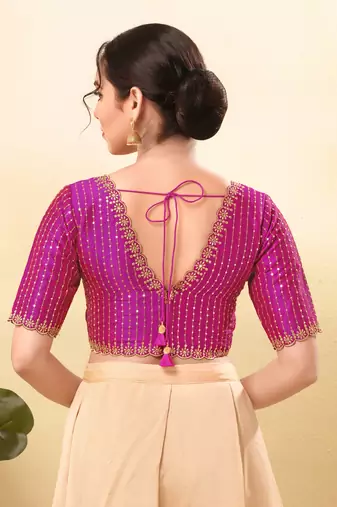 Women's mulbury silk padded back open elbow sleeves saree blouse