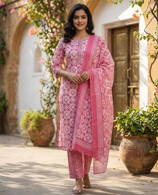 Pink printed cotton blend stitched geometric print salwar kurta dupatta for women 1