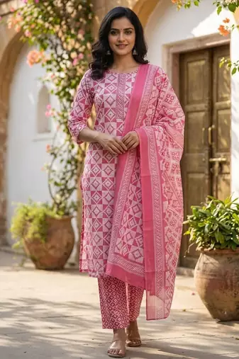 Pink printed cotton blend stitched geometric print salwar kurta dupatta for women