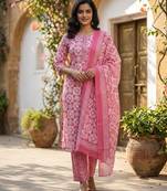 Pink printed cotton blend stitched geometric print salwar kurta dupatta for women