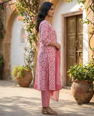 Pink printed cotton blend stitched geometric print salwar kurta dupatta for women 2