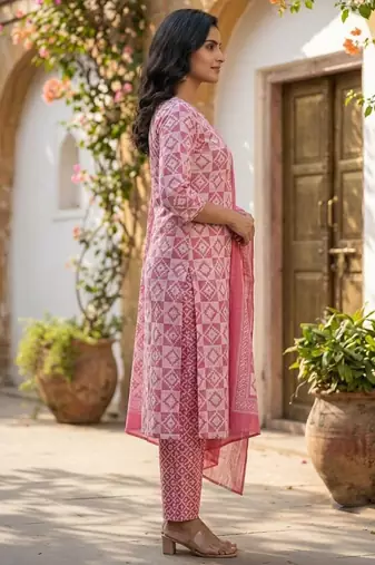 Pink printed cotton blend stitched geometric print salwar kurta dupatta for women