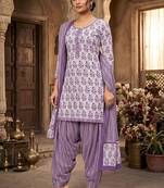 Purple printed cotton blend stitched floral print salwar kurta dupatta for women