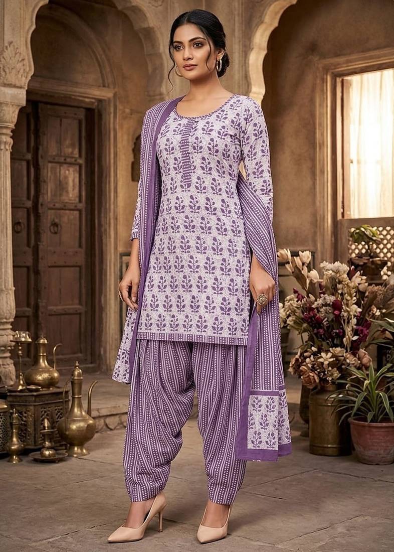 Purple printed cotton blend stitched floral print salwar kurta dupatta for women