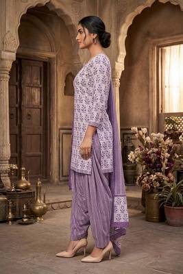 Purple printed cotton blend stitched floral print salwar kurta dupatta for women 2