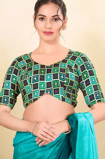 Women's jain silk padded back open elbow sleeves saree blouse