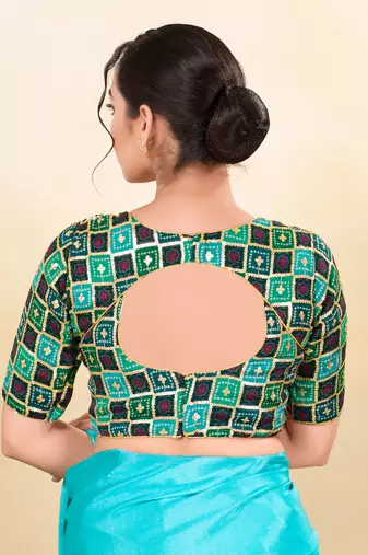 Women's jain silk padded back open elbow sleeves saree blouse