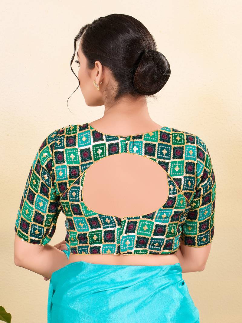 Women's jain silk padded back open elbow sleeves saree blouse