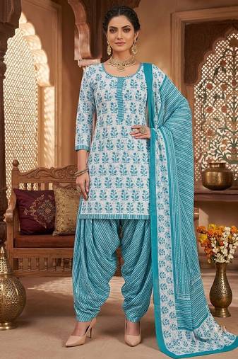 Blue printed cotton blend stitched floral print salwar kurta dupatta for women