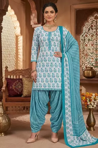 Blue printed cotton blend stitched floral print salwar kurta dupatta for women