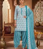 Blue printed cotton blend stitched floral print salwar kurta dupatta for women