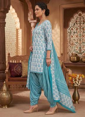 Blue printed cotton blend stitched floral print salwar kurta dupatta for women 2