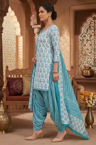 Blue printed cotton blend stitched floral print salwar kurta dupatta for women