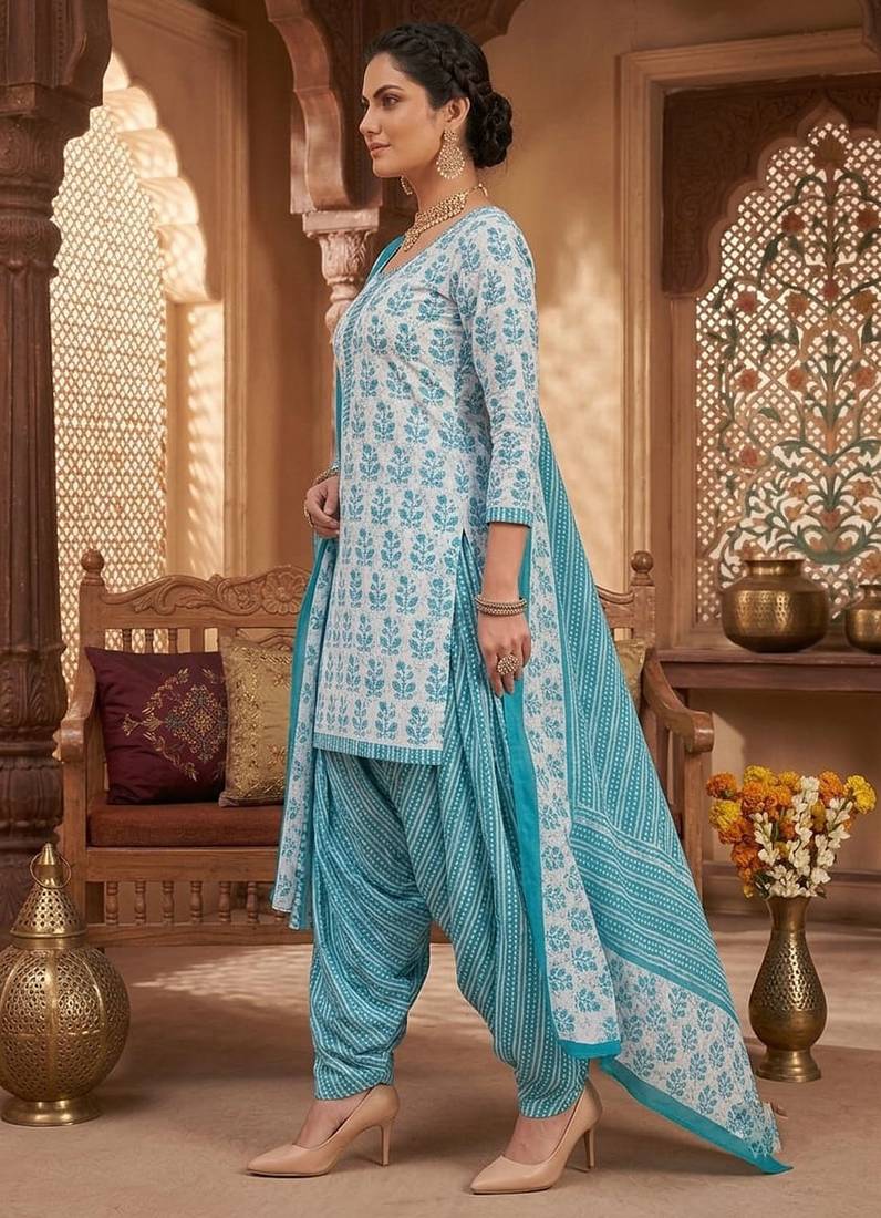 Blue printed cotton blend stitched floral print salwar kurta dupatta for women