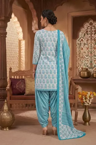 Blue printed cotton blend stitched floral print salwar kurta dupatta for women