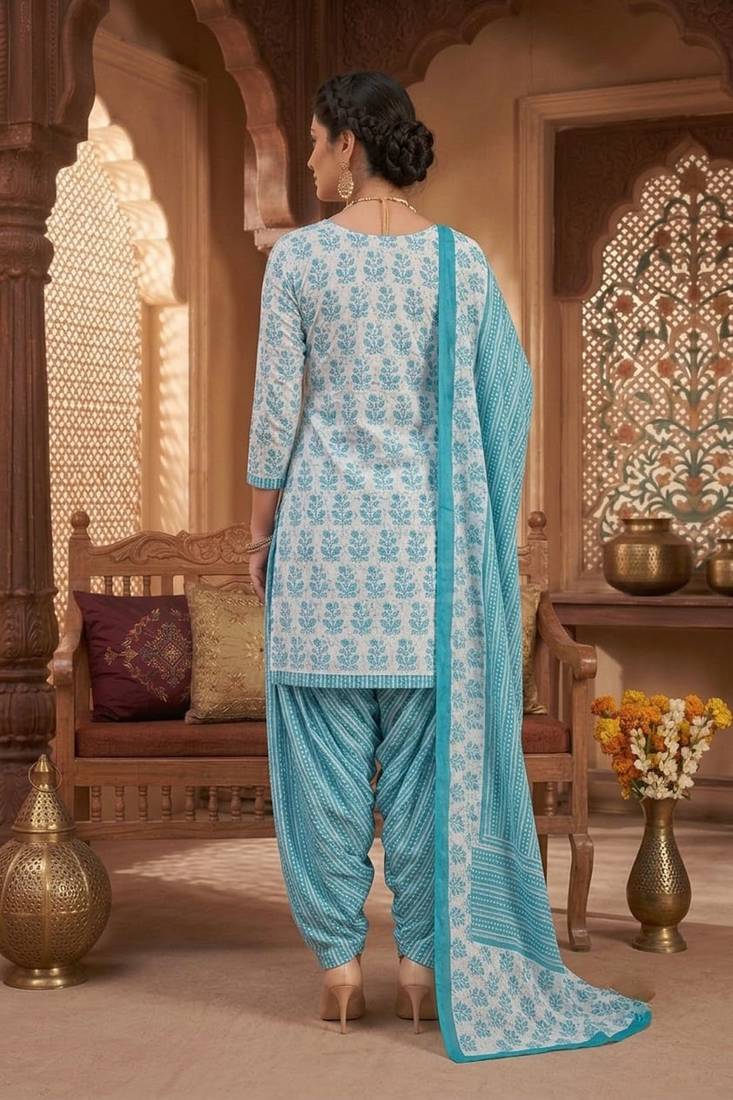Blue printed cotton blend stitched floral print salwar kurta dupatta for women